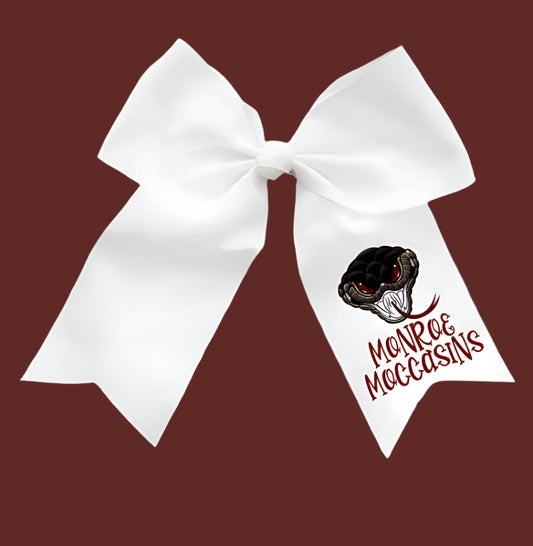 White cheer bow with a logo and text on a white background